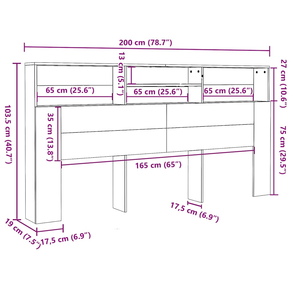 Headboard with Shelves Sonoma Oak 200 x 19 x 103.5 cm