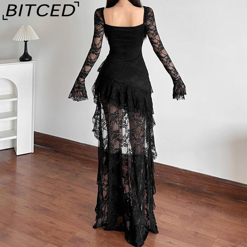 BITCED Autumn Women's Solid-Colour High-Waisted Fashion Square-Neck Long-Sleeved Lace-Panel Dress