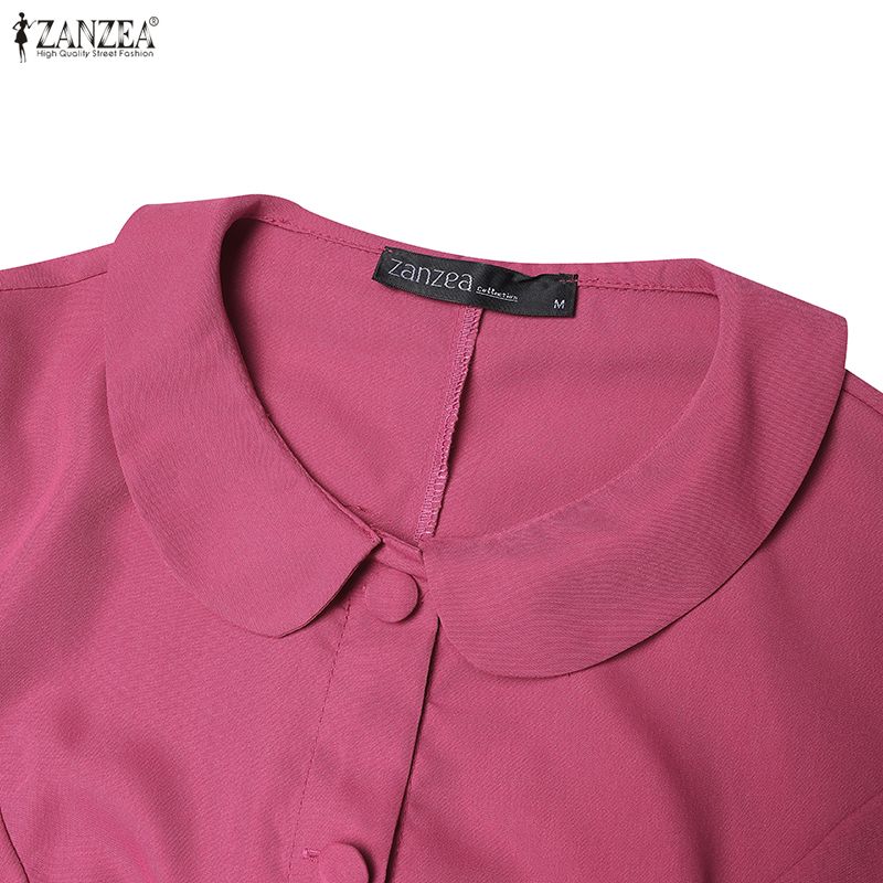 ZANZEA Women Casual Doll Collar Solid Color 3/4 Sleeve Loose Blouse