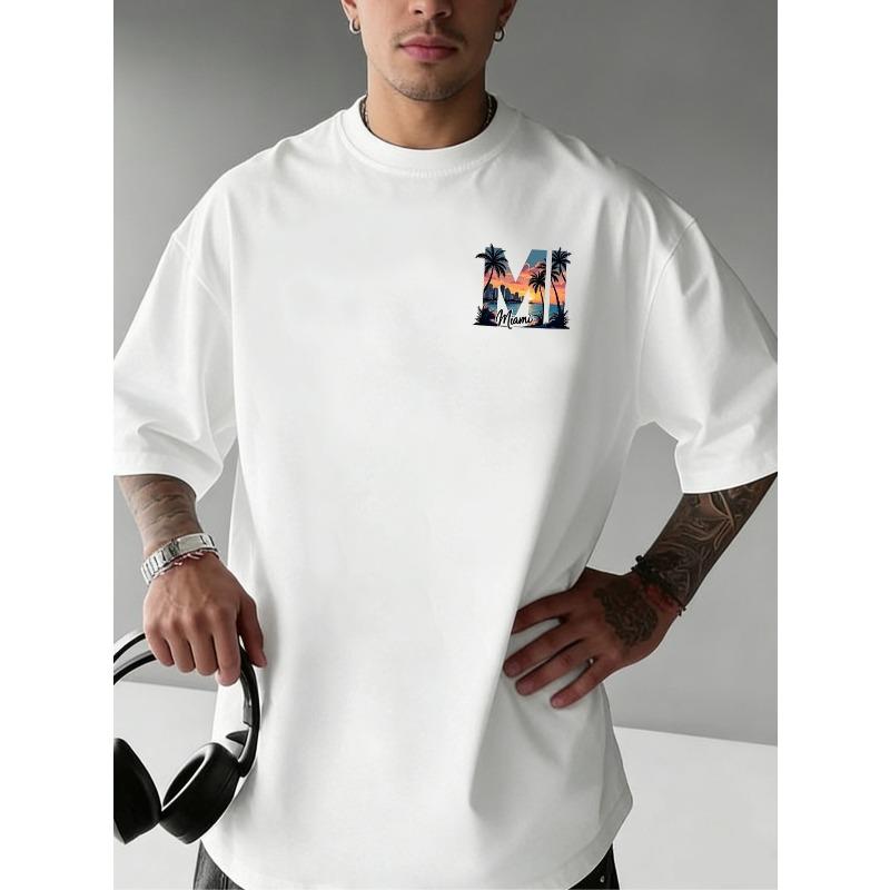 Herren Mode T-Shirt "Strand Sonnenuntergang" Kreativer Letter Print - Bequem für Alle Jahreszeiten, Slim Fit, Beidseitiges Design, Bequemes Material