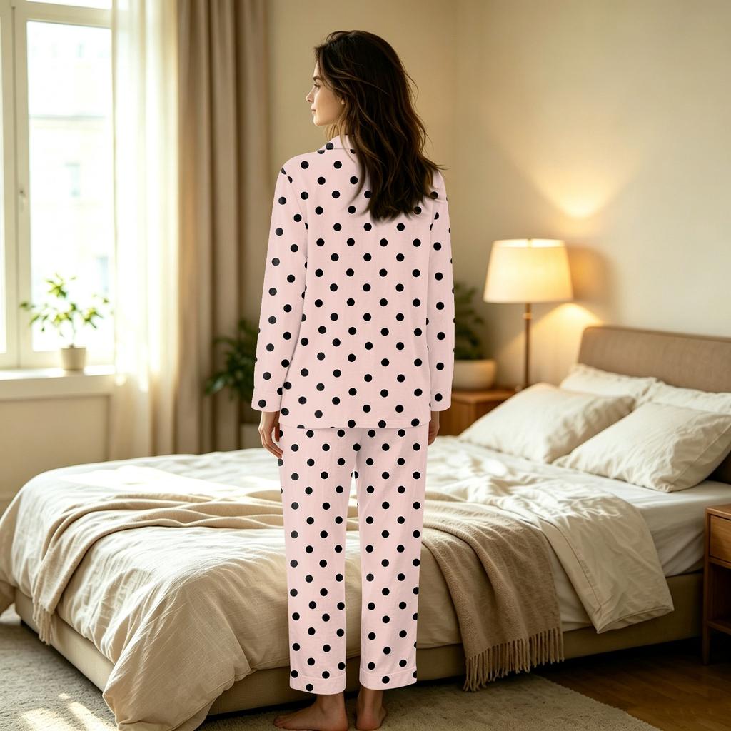 Damen Polka Dot Set Langarm-Oberteil und Lange Hose Lässiges Zweiteiler Loungewear für Zuhause Entspannen