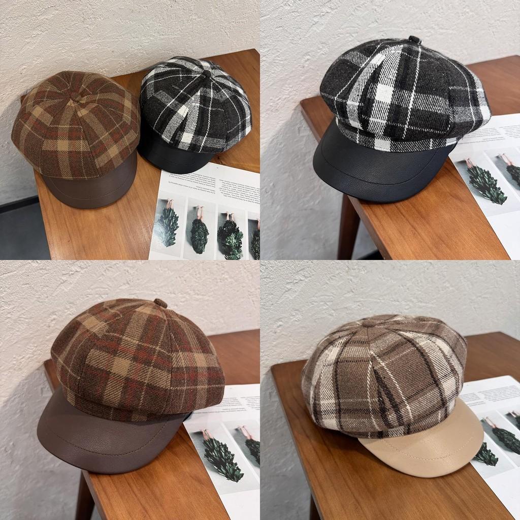 Retro Grid Wool Blended Cap Women Sunshade Cozy Wear Girl Travel Hat Supplies