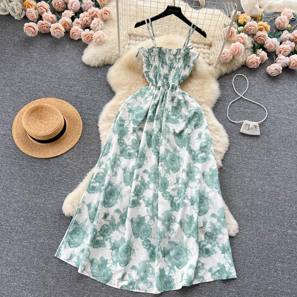 Koreansk stil for kvinner Rose Blomstertrykk Retro Festkjole Sommer Elastisk Høy midje Ferie Lang kjole Strand Vestido