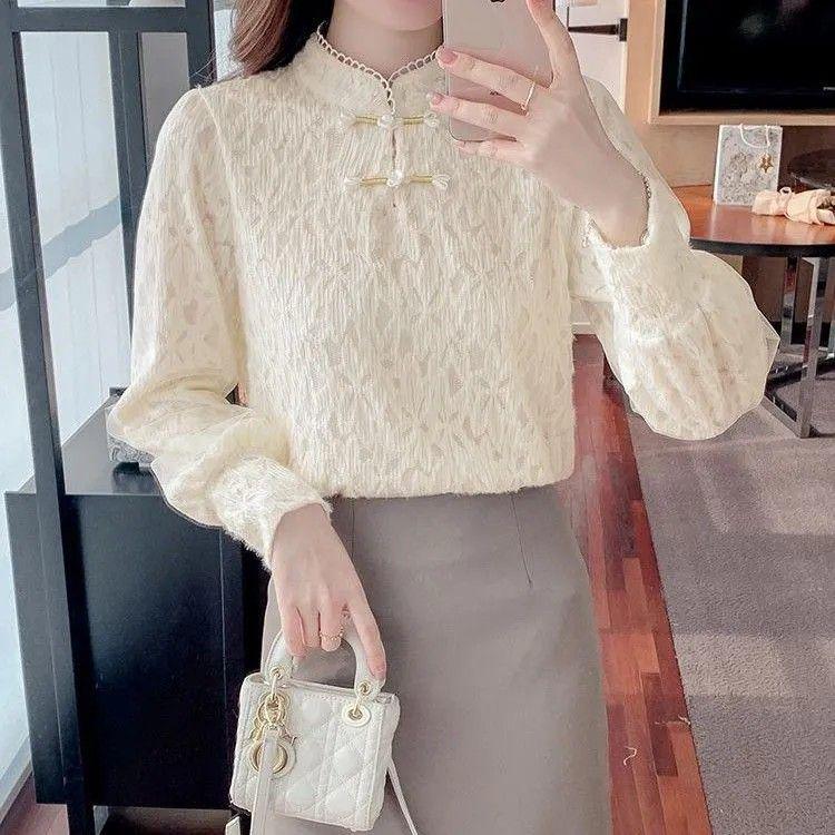 Women's Autumn/Winter Slim Fit Lace Stand Collar Shirt with Velvet Tummy Covering Top