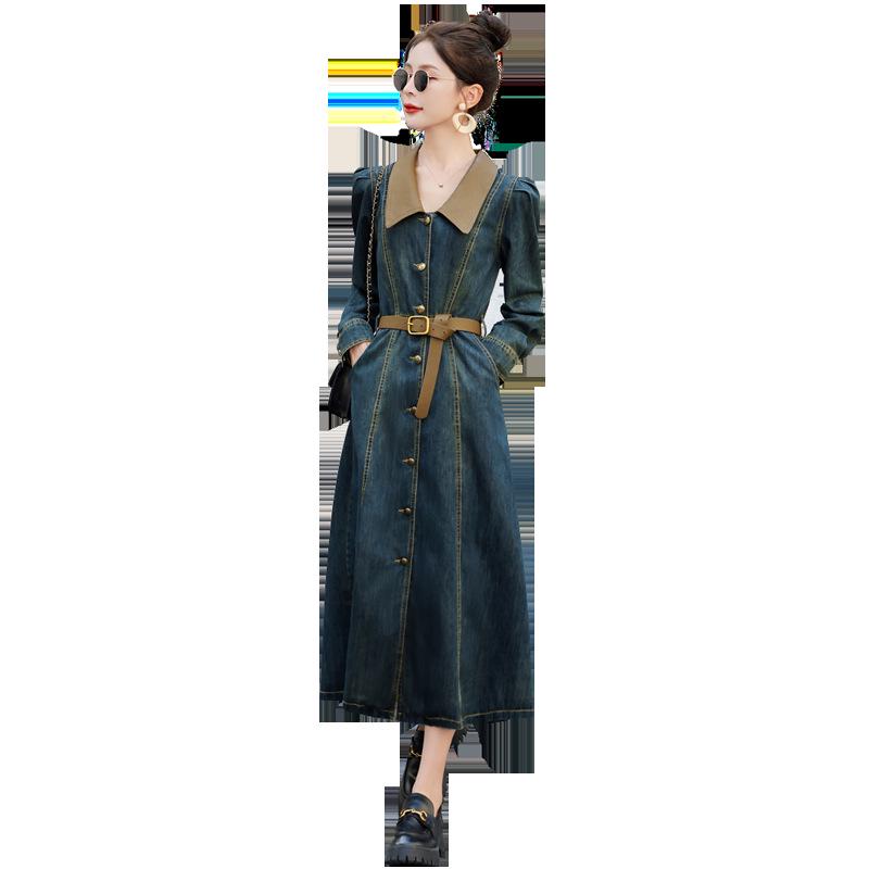 Autumn 2023 Retro Denim A-line Dress: Women's Long Sleeve, Waist-Slimming, Medium Length, Lapel Style