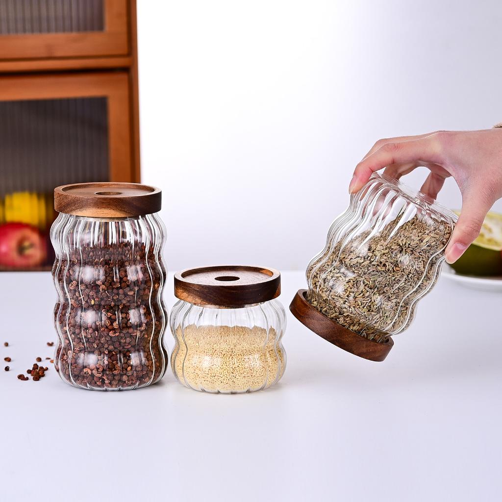 Capac de lemn Organizator de arome Borcan de sticlă etanș Sticle de depozitare pentru bucătărie Borcan Recipient alimentar sigilat Borcane pentru ghimbir și cereale