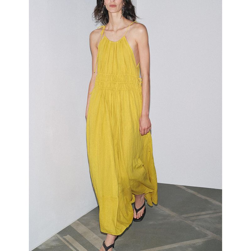 Summer New Product Women's Clothes Ruched Fabric Bows Trim Linen Blended round Neck Length Dress 4043068