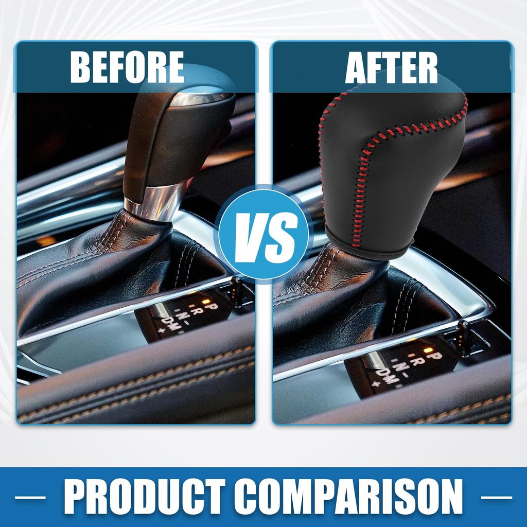 A ABSOPRO Car Gear Shift Knob Cover Auto Derailleur Lever Trim for Mazda CX-5 2017-2022 Faux Leather Black Red Stitching