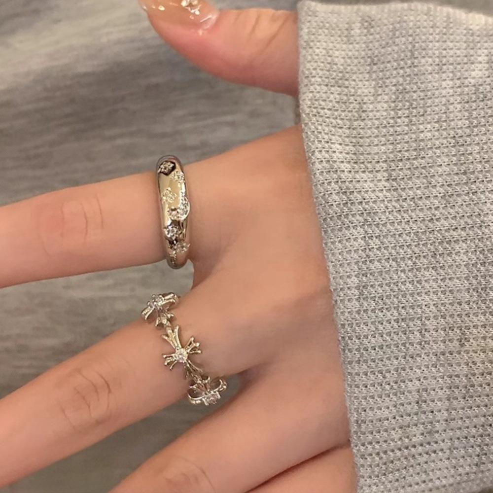 Cold Wind Silver Zircon Cross Ring Niche Design Ins Light Luxury Index Finger Ring Personalized Open Ring