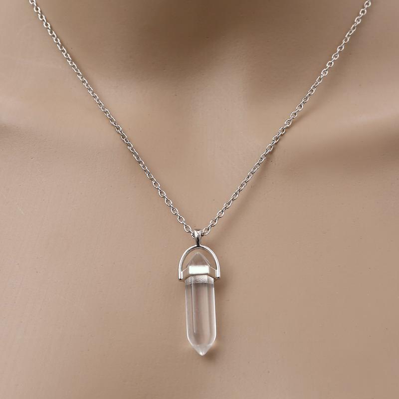 Fashion Quartz Crystal Necklace Chakra Rose Bule Purple Natural Stone Pendant Necklace Hexagonal Bullet Reiki Hippie Necklace