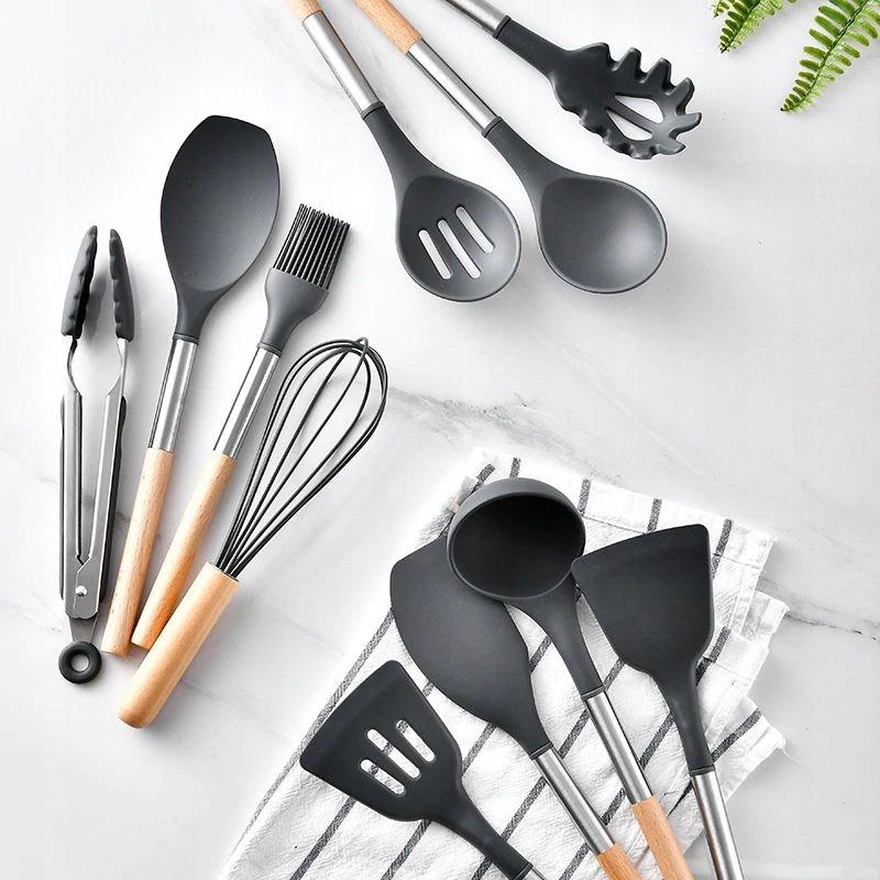Knife Block Set + Silicone Kitchen Utensil Set 19 Pcs Black