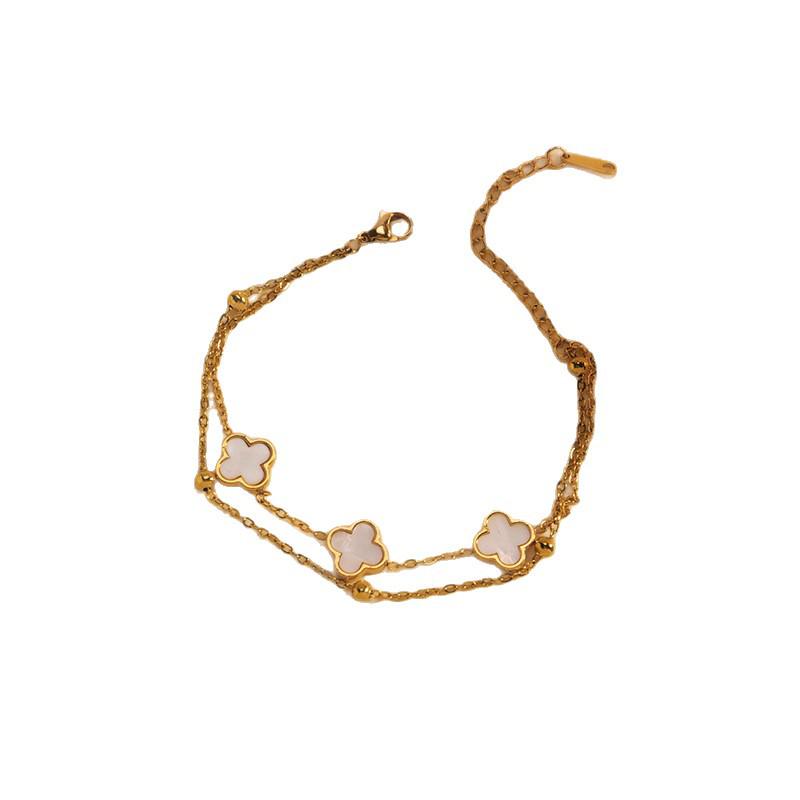 European & American Women's Four-Leaf Clover Gold Stainless Steel Double-Layer Beaded Bracelet