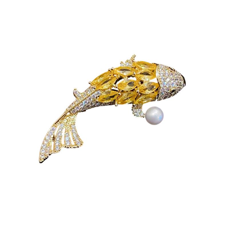 14K Gold Plated Koi Zircon & Pearl Brooch - Elegant, Versatile Pin for Trendy Women