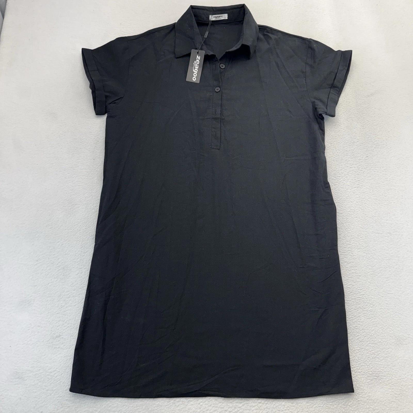 Zeagoo Black Linen Blend Tunic Shirt Oversized Button Top Polo Women Medium NWT S