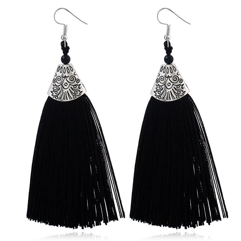 

LOVBEAFAS Ethnic Fringe Tassel Long Earring Beads Statement Brinco Dangle Drop Earrings For Women Fashion Zircon bijoux femme чорний