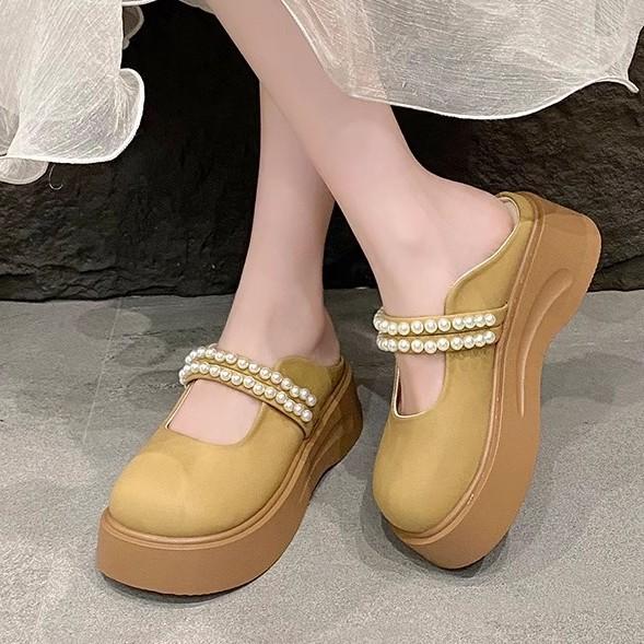 Outer Wear 2025 Spring and Summer French Bag Head Half Slippers Female New Pearl Fairy Wind Thick Bottom Mary Jane Cool Slippers