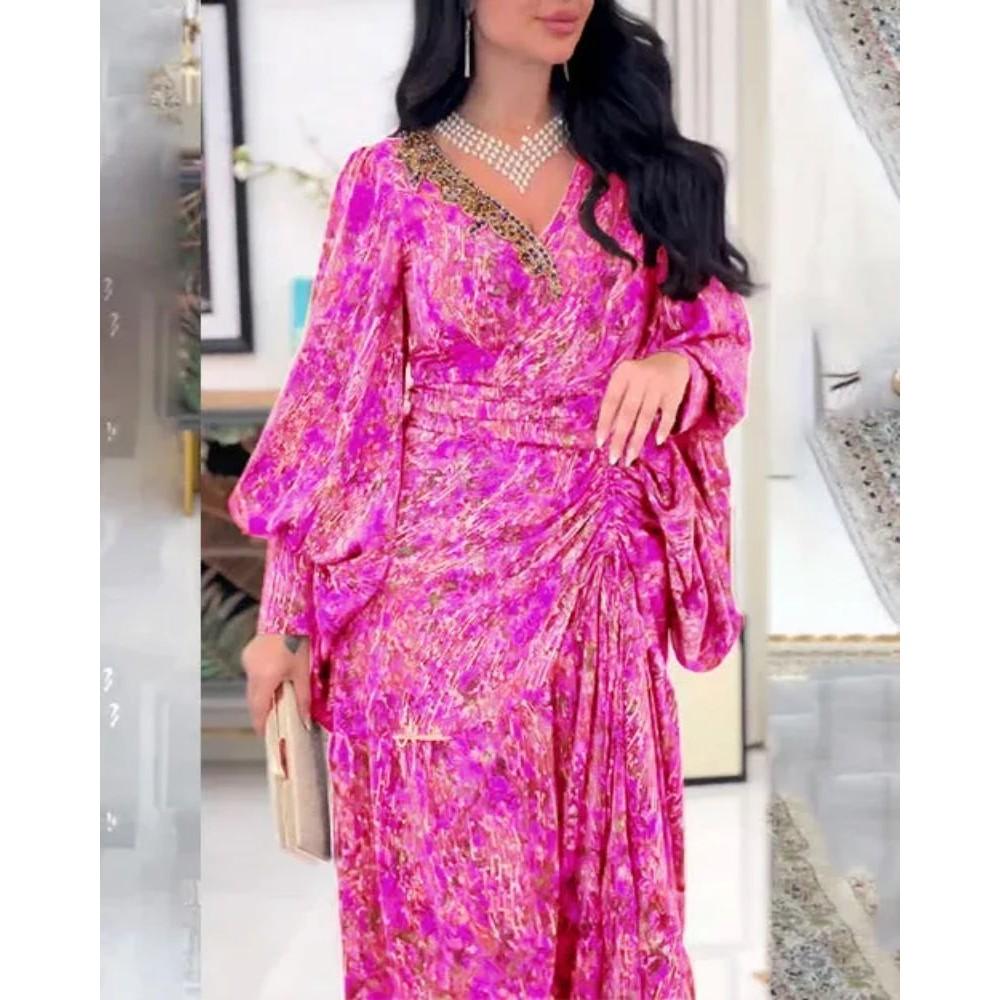 

Женские элегантные V-образные вырезы с длинными рукавами и цветочным принтом для подружек невесты, свадебные длинные платья, великолепные вечерние макси-бальные платья L розовый