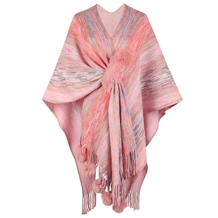 Women Winter V-Neck Loose Knitwear Cardigan Bat Sleeve Cross Border Cloak Autumn Color Collision Sweater