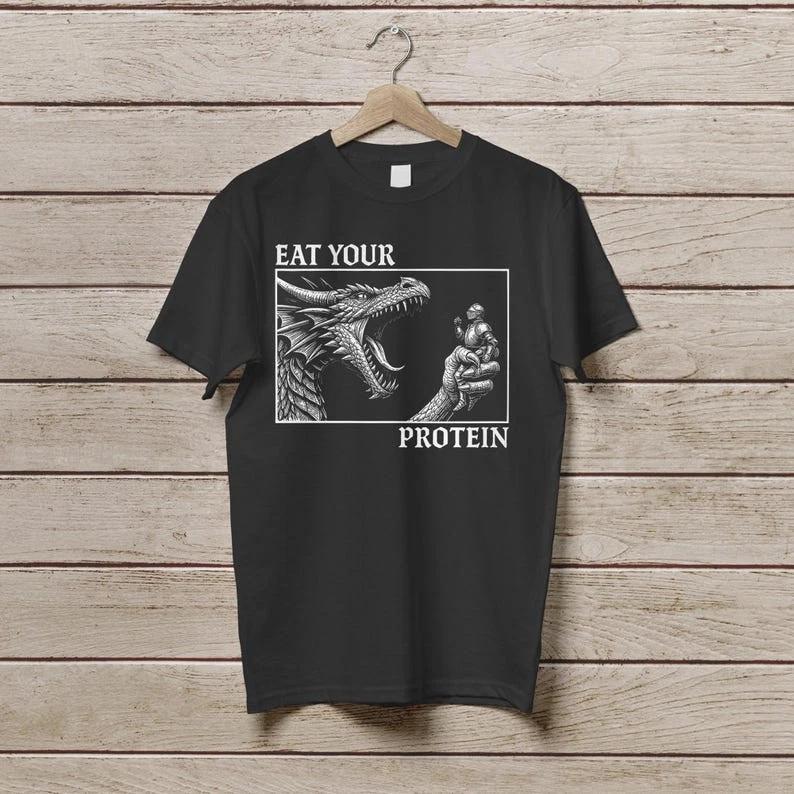 Vintage Eat Your Protein Dragon Shirt Medieval Knight T-Shirt XXXL
