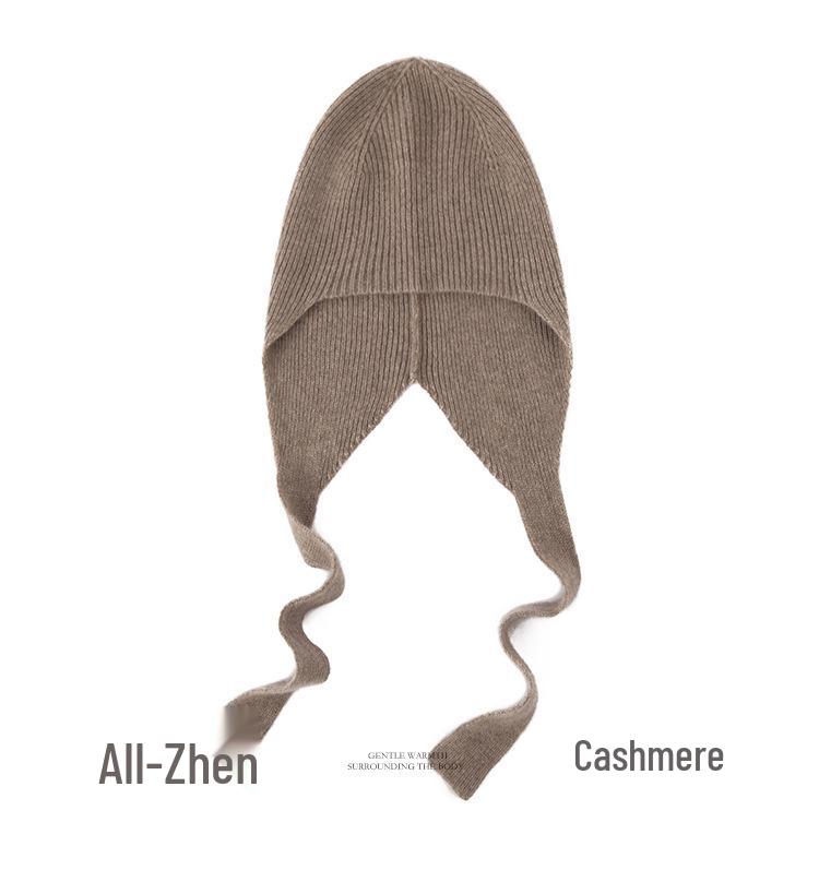 Women's 100% Pure Cashmere Beanie - Fashionable, Warm, Solid Color with Braided Lanyard & Ear Protection