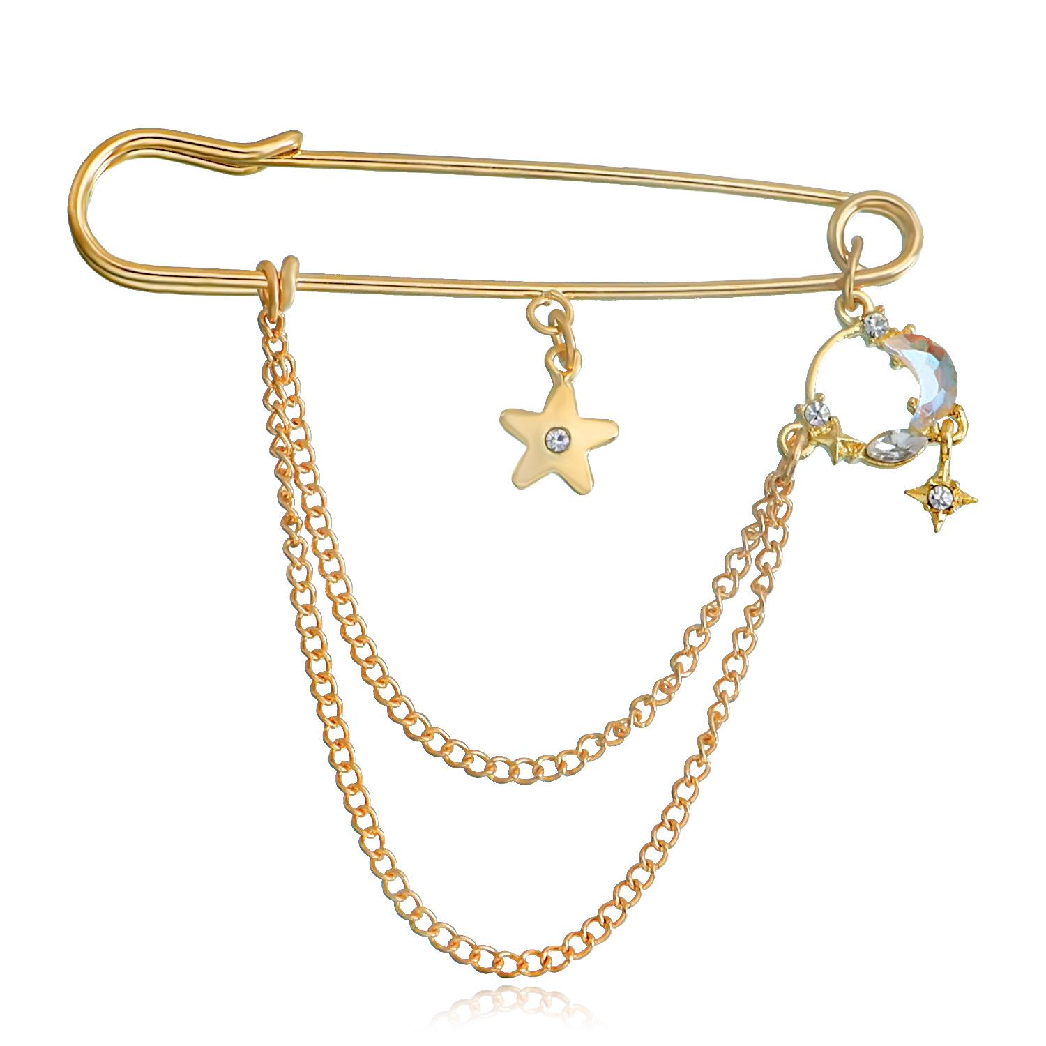 

European and American jewelry, retro diamond-encrusted star crescent, fringed small fragrance brooch, clothing pendant, pin accessories for women
