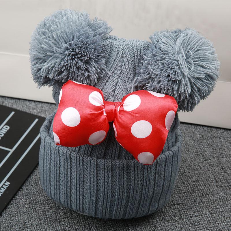 

Winter Autumn Knitted Warm Beanie Cute Dot Big Bowknot Kids Hat Girls Cartoon Double Pompom Cap сірий колір