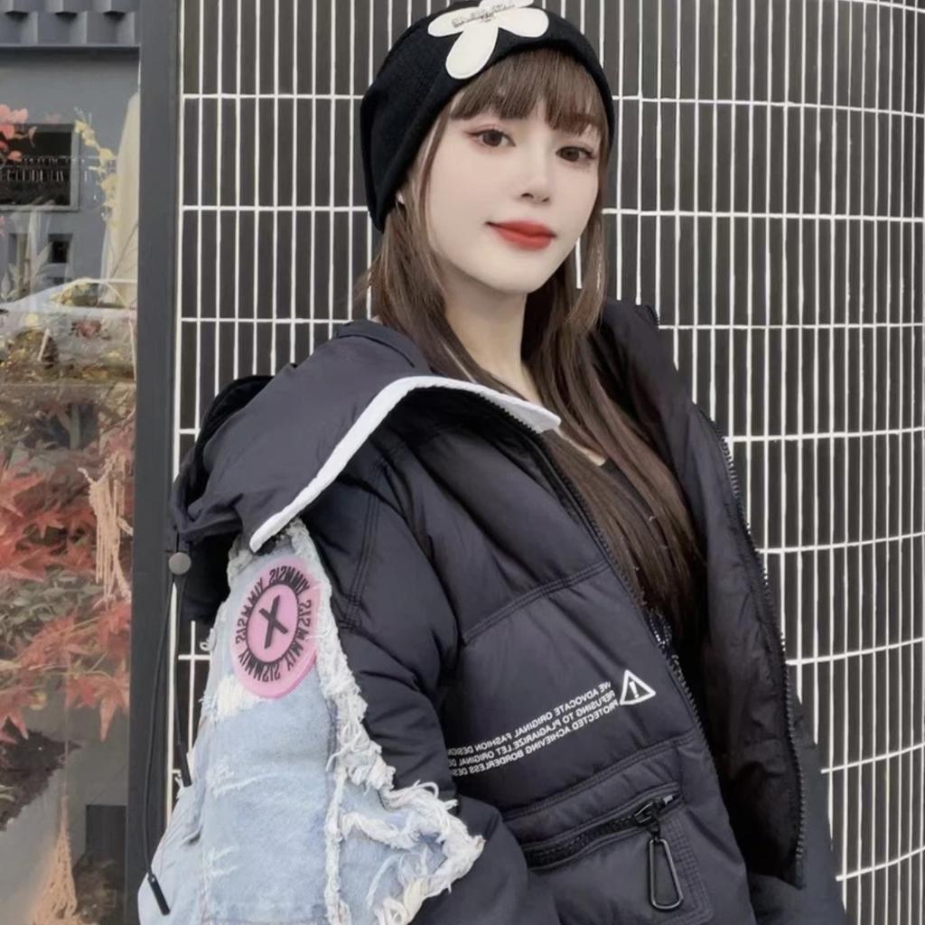 Winter down jacket new European trendy brand denim splicing women's short hooded contrasting color splicing sweet drunk jacket