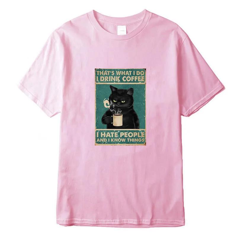 Men's T-shirt High Quality 100% Cotton Funny Cat Drinking Coffee Printing Summer Casual Cool Loose Men O-neck T-shirt Male Tops