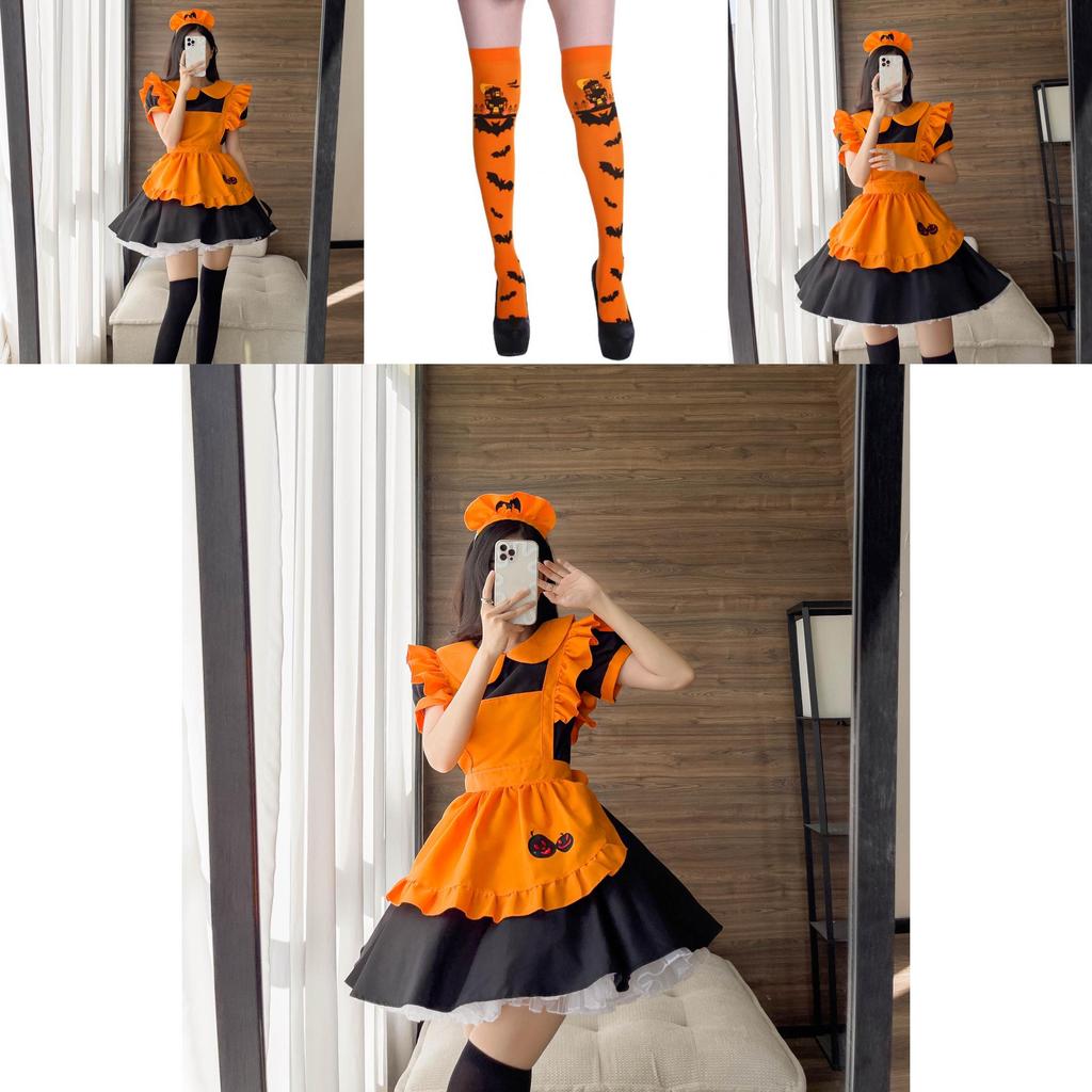 Süßes Lolita Kürbis Dienstmädchen Halloween Party Kostümkleid mit Kopfschmuck