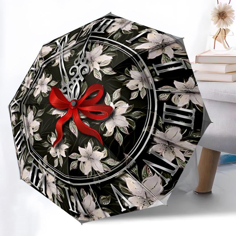 

1pc Floral Clock Decor Automatic Folding Umbrella Durable Iron Frame,All Seasons Home Travel Outdoor Multifunctional Umbrella yy251115090