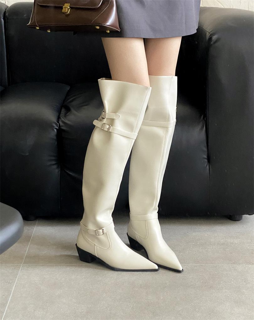 

Retro belt buckle stack boots women s tall boots autumn and winter new small square head high heel sleeve genuine leather western boots women 39 абрикосовый