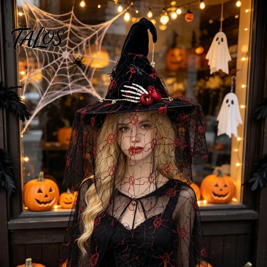 Indoor Outdoor Festive Decor Punk Skeleton Hand Witch Hat with Spider And Veil, Black Large Festival Atmosphere Props Wizard Costume Accessory