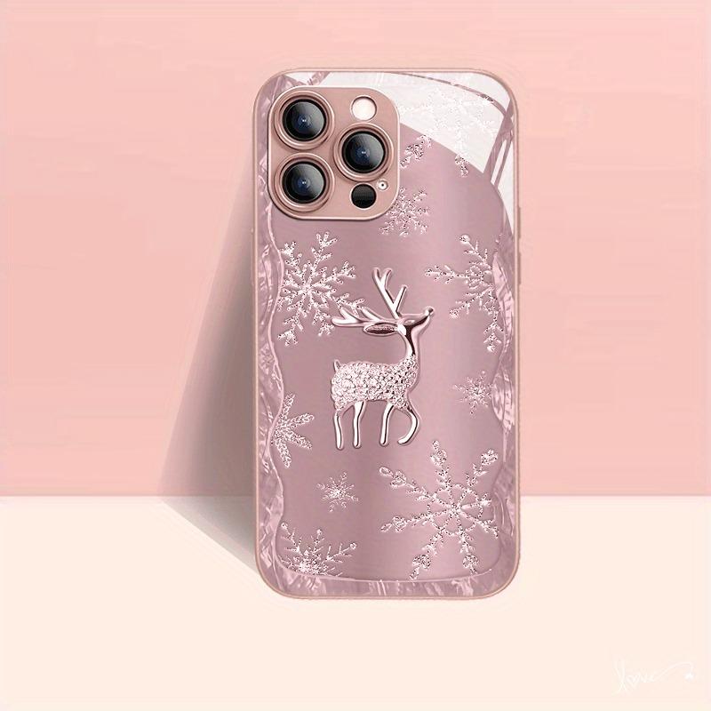 Cute Snowflake Deer Pattern Metallic Paint Glass Hard Phone Case For iPhone 17 Pro Max 11 12 13 14 15 16 Plus 17 Air 16E Cover