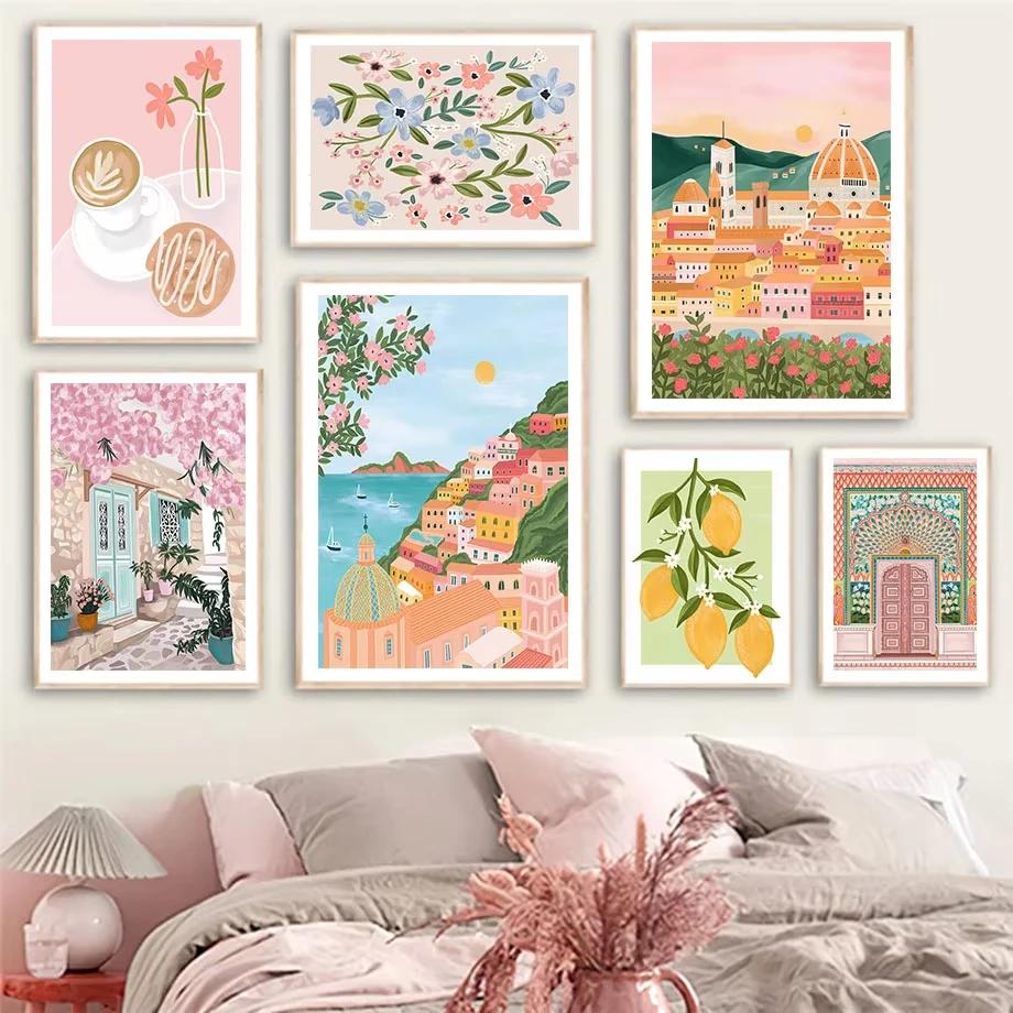 Santorini Lemon Coffee Flowers Abstract Landscape Posters and Prints Wall Art Canvas Painting Pictures For Living Room Home Deco