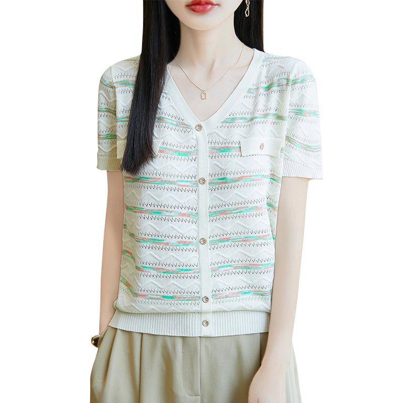 Summer Thin V-neck Short Sleeved Cardigan T-shirt for Women Slim Knitted T-shirt