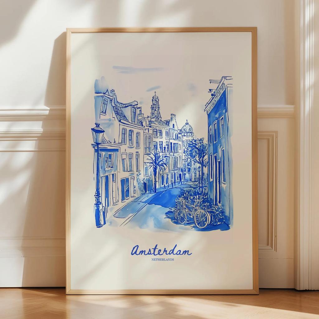 City Travel Poster, Retro Italy Print, Navy Blue Trendy Wall Art, Hand Drawn Sketch, summer beach poster, Home Decor Art