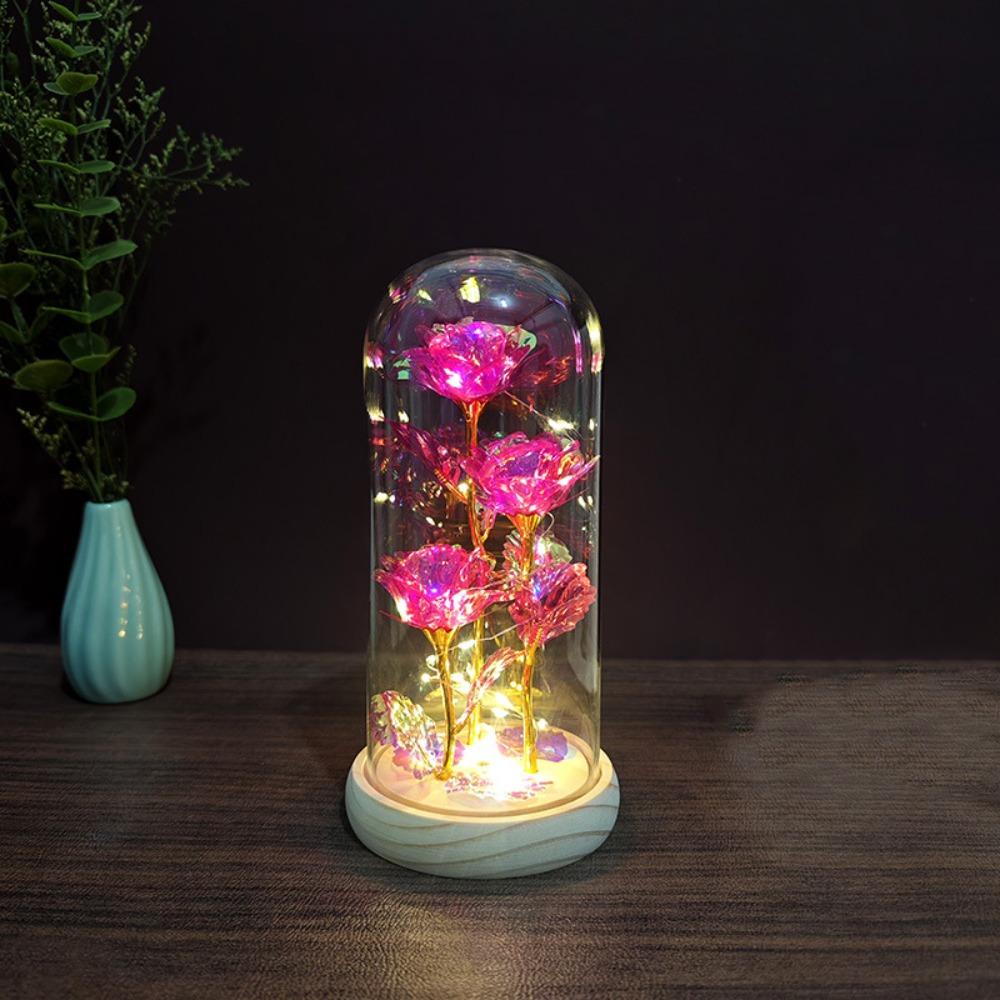 Romantic Artificial Rose Light with Acrylic Cover 3 Heads Rose Light Up Rose Simulation Luminous Eternal Rose Lamp Mothers Day
