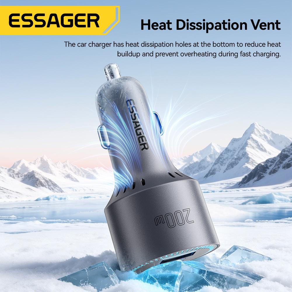 Essager 200W Car Charger with Quick Charge 4.0 PPS PD 100W USB-C Fast Charging Port for MacBook iPhone 17 16 Samsung S25