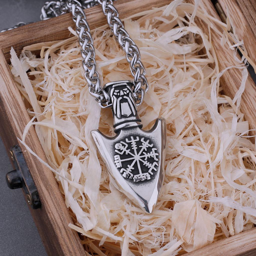 Vintage Viking Vegvisir Compass Rune Spear Necklace Stainless Steel Men's Charm Odin Valknut Amulet Pendant Fashion Jewelry