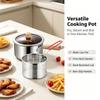 Round Deep-Frying Pot with Formed Body, Perforated Draining Basket, and Food Tongs for Handling Kitchen Recipes from Cooking Through Serving