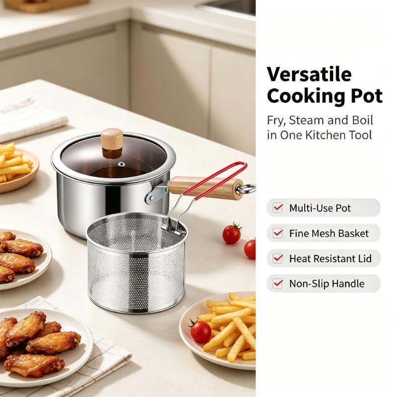 Round Deep-Frying Pot with Formed Body, Perforated Draining Basket, and Food Tongs for Handling Kitchen Recipes from Cooking Through Serving