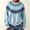 Womens Oversized Crewneck Knit Sweater With Fair Isle Colorblock Soft Acrylic Blend Loose Fit Winter