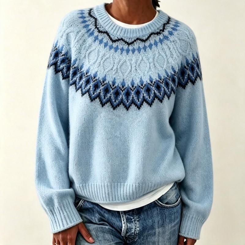 Womens Oversized Crewneck Knit Sweater With Fair Isle Colorblock Soft Acrylic Blend Loose Fit Winter
