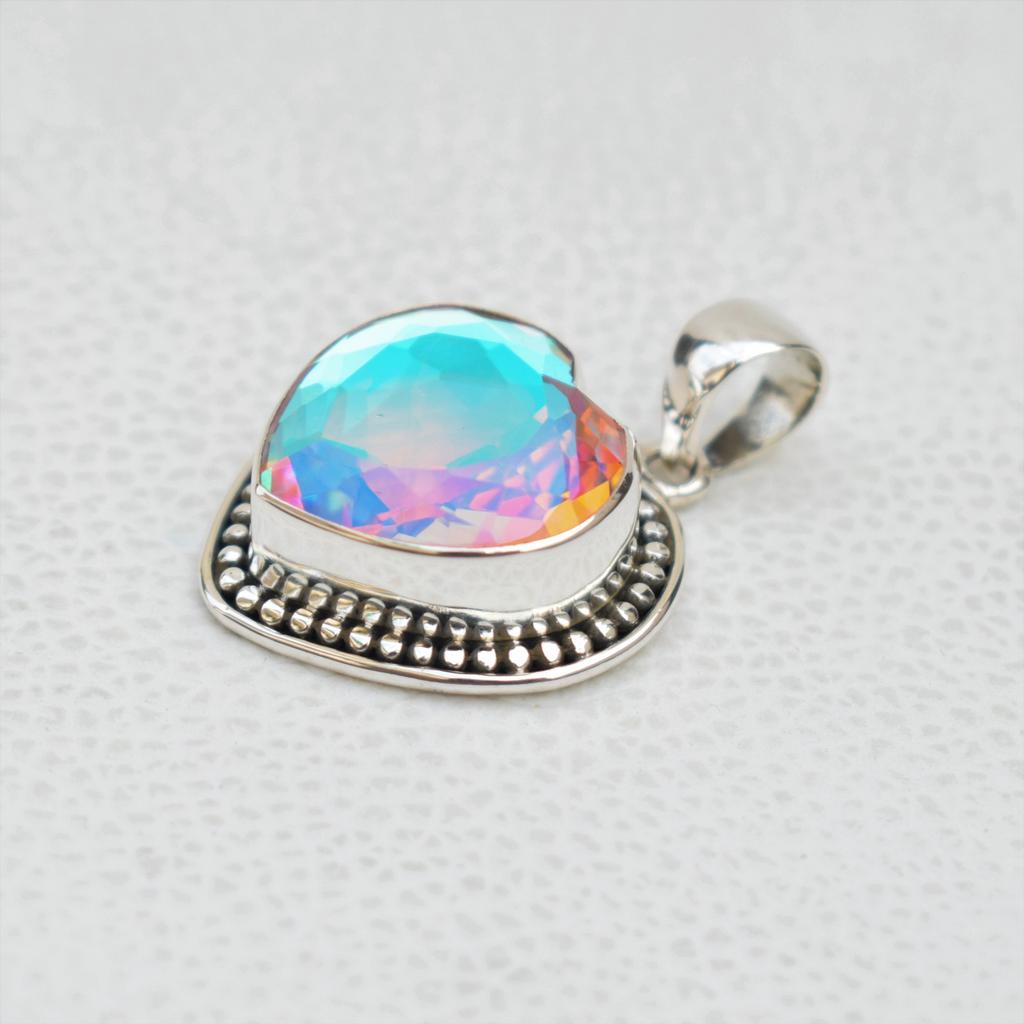 Angel Aura Quartz Pendant, Handmade 925 Sterling Silver Heart Shape Aura Quartz Pendant, Gift for her, Anniversary Pendant