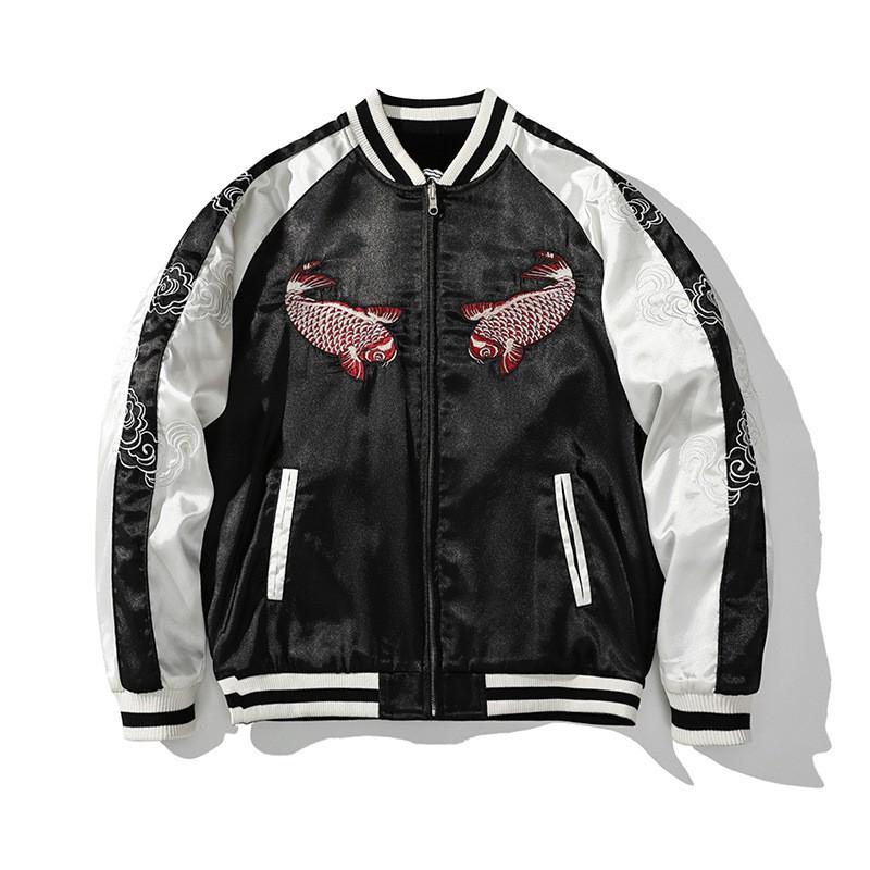 Embroidered Koi Fish Jacket Unisex Double-Sided Wearable Coat Chinese Style Streetwear Loose Fit