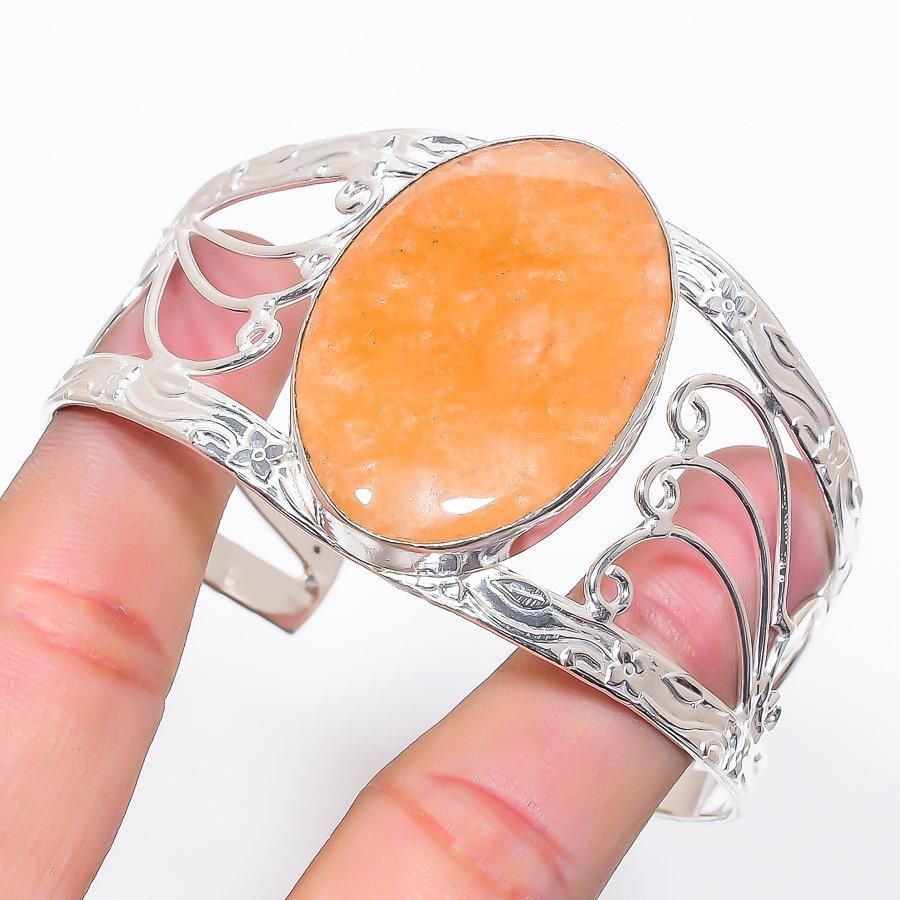 

Natural Orange Aventurine Gemstone 925 Sterling Silver Cuff Bangle Adj B5M80