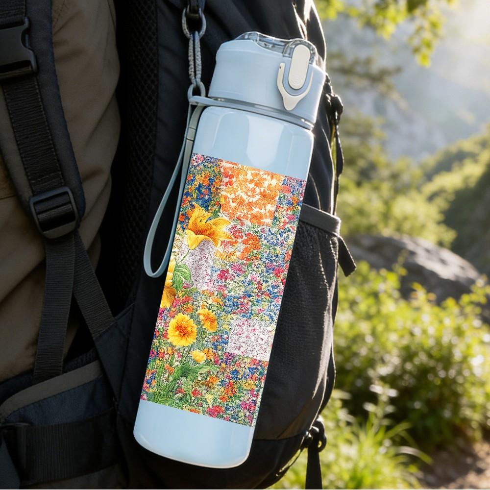 1PC Watercolor Floral Patch 750ml Color Plastic Sports Water Bottle Leakproof Flip Straw Lid Suitable for Sports Office Home Use
