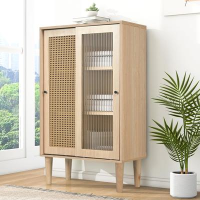 Sideboard Sliding Doors Shelves, Modern Highboard 6 Divided, Rattan Chest of Drawers Ample Storage Space, Dining Room, Living Room & Bedroom, 60x40x100cm