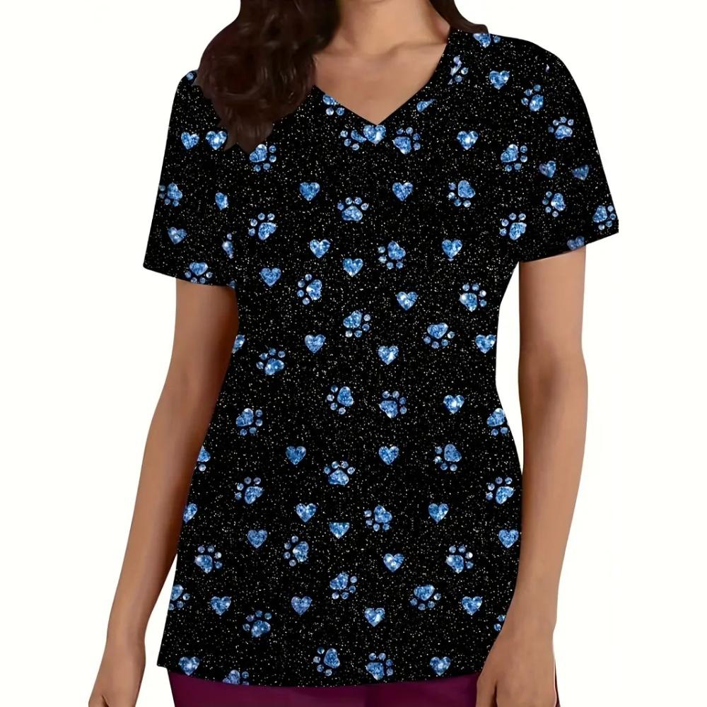 Clinical Uniform Cute Cat Cartoon Print Fashion Short Sleeve Casual V-Neck Vet Medical Clothes Women's T-shirts