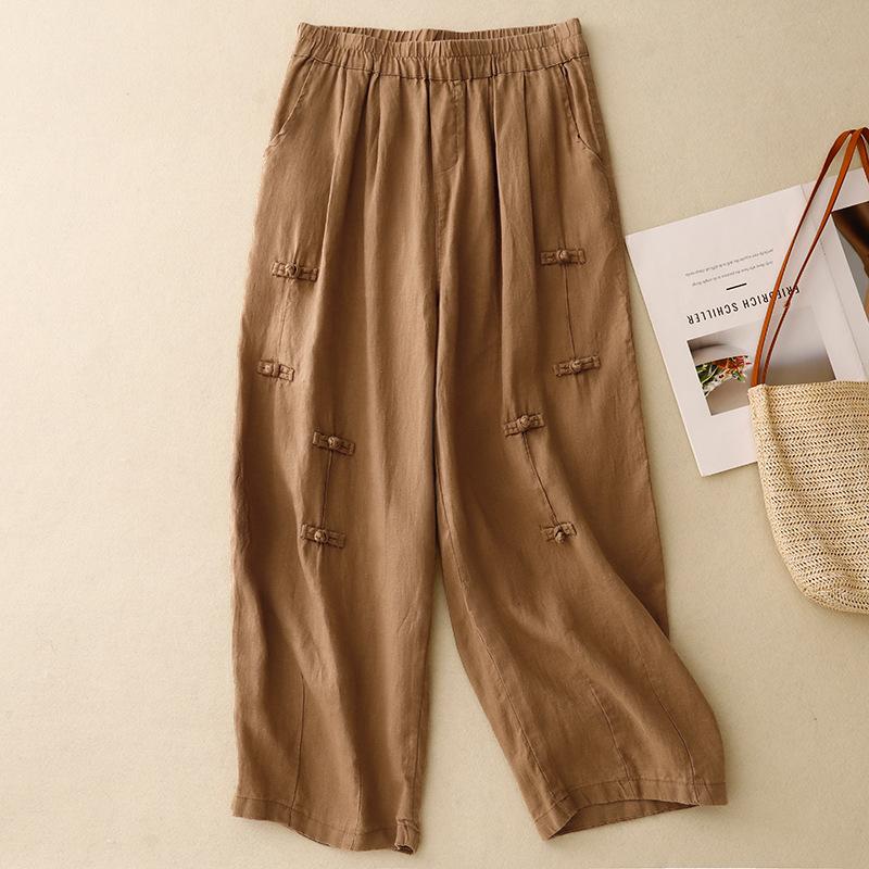 

Real Shot Summer New Literary Loose Solid Color Cotton and Linen Elastic Waist Buckle Harlan Pants Nine-point Pants Women 2XL